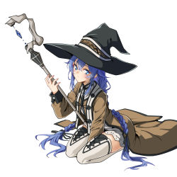 Rule 34 | 1girl, blue eyes, blue hair, boots, braid, brown robe, chubb, closed mouth, dress, female focus, full body, hat, highres, long hair, long sleeves, looking at viewer, mushoku tensei, robe, roxy migurdia, simple background, sitting, solo, staff, thigh boots, thighhighs, twin braids, white background, white dress, witch hat