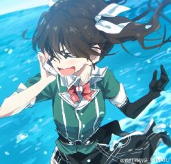 Rule 34 | 10s, 1girl, artist name, black gloves, black skirt, blue background, blurry, bow, bowtie, brown eyes, brown hair, buttons, cellphone, chromatic aberration, elbow gloves, gloves, green jacket, hair between eyes, hair ribbon, holding, holding phone, jacket, kantai collection, open mouth, phone, red bow, red bowtie, ribbon, short sleeves, single glove, sketch, skirt, smartphone, solo, talking on phone, text focus, tomato (lsj44867), tone (kancolle), tongue, twintails, upper body, water, water drop, watermark, weibo watermark, white ribbon