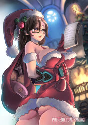 Rule 34 | 1girl, alternate hair length, alternate hairstyle, arch, ass, bare shoulders, between breasts, black-framed eyewear, blurry, breasts, brown hair, christmas, christmas ornaments, christmas tree, cowboy shot, doll, dress, english text, fireplace, fireworks, food, fur trim, gauntlets, gift, glasses, hair ornament, ham, hat, highres, hm (hmongt), holding, indoors, large breasts, light particles, long hair, mei (overwatch), microdress, notebook, open mouth, over shoulder, overwatch, overwatch 1, panties, patreon username, railing, reading, red hat, red panties, sack, santa costume, santa hat, shade, skindentation, snowflake hair ornament, solo, strapless, strapless dress, tongue, underwear, watermark, web address
