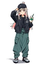Rule 34 | 1girl, baseball cap, black cardigan, black hat, black shirt, brown eyes, cardigan, closed mouth, cup, disposable cup, full body, genderswap, genderswap (mtf), grey hair, hand on headwear, hat, highres, holding, holding cup, long hair, long sleeves, looking at viewer, onii-chan wa oshimai!, oyama mahiro, pants, pink hair, sadamoto hokuto, shirt, shoes, simple background, sneakers, solo, standing, white background