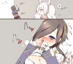 Rule 34 | 2girls, 2koma, ark royal (azur lane), azur lane, blood, blue eyes, blush, breasts, cleavage, comic, covering own mouth, expressionless, hair ornament, hair over one eye, laffey (azur lane), military, military uniform, monochrome, multiple girls, nosebleed, peeking out, purinpurin, short hair, translation request, twintails, uniform, wall