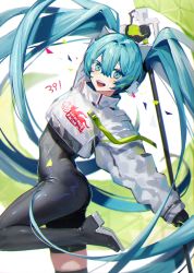 Rule 34 | 1girl, 39, :d, absurdres, aqua eyes, aqua hair, ass, asymmetrical bodysuit, black bodysuit, bodysuit, colored eyelashes, confetti, crop top, crop top overhang, cropped jacket, flag, flagpole, flame print, goodsmile racing, hatsune miku, headphones, highres, hiiragi hiiro, holding, holding flag, holding pole, long hair, long sleeves, looking at viewer, open mouth, pole, racing miku, racing miku (2022), skin tight, smile, smiley face, standing, standing on one leg, thighs, twintails, two-tone gloves, very long hair, vocaloid