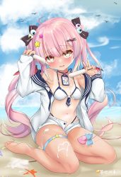 Rule 34 | 1girl, beach, blouse, blush, breasts, cloud, copyright request, food, hair ornament, hand up, highres, holding, holding food, ice cream, long hair, looking at viewer, navel, open clothes, open shirt, pink hair, ribbon, shirt, sitting, small breasts, solo, swimsuit, tail, tail ornament, tail ribbon, tan, thigh strap, thighs, twintails, virtual youtuber, wase (vtuber), wings, ya chuifeng lai