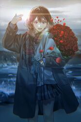 Rule 34 | 1girl, absurdres, beach, blurry, bouquet, bow, brown coat, brown eyes, brown hair, chromatic aberration, coat, falling petals, film grain, flower, grey shirt, highres, hinako 95, holding, holding bouquet, horizon, lens flare, long sleeves, looking at viewer, lower teeth only, medium hair, mole, mole under eye, mole under mouth, motion blur, ocean, open mouth, original, outdoors, petals, plaid, plaid scarf, plaid skirt, red flower, red rose, rose, rose petals, salute, scarf, shirt, skirt, solo, standing, sun, teeth, two-finger salute, waves