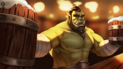 Rule 34 | 1boy, abs, absurdres, alcohol, bara, beard, beer, celebration, colored skin, facial hair, green skin, highres, incoming drink, large pectorals, looking at viewer, male focus, mature male, monster boy, muscular, muscular male, nipples, orc, original, pectorals, pointy ears, bar (place), ribbions art, sanpaku, short hair, solo, strongman waist, thick eyebrows, tied beard, tusks, upper body