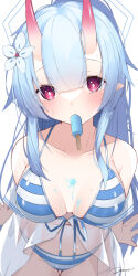 Rule 34 | 1girl, bikini, blue archive, blue flower, blue hair, blue halo, breasts, chise (blue archive), chise (swimsuit) (blue archive), collarbone, cowboy shot, flower, food, food in mouth, food on body, food on breasts, from above, hair flower, hair ornament, halo, highres, horns, jam (jamjam777), long hair, looking at viewer, medium breasts, navel, official alternate costume, oni horns, pointy ears, popsicle, red eyes, red horns, signature, simple background, solo, striped bikini, striped clothes, swimsuit, white background
