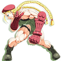 Rule 34 | 1girl, abs, ahoge, antenna hair, beret, blonde hair, blue eyes, boots, braid, breasts, cammy white, clenched hand, combat boots, elbow gloves, fighting stance, fingerless gloves, full body, gloves, harness, hat, highleg, highleg leotard, holster, huge ahoge, leotard, long hair, muscular, muscular female, nose, open mouth, red gloves, scar, shadow, shopyun, skin tight, socks, solo, street fighter, street fighter v, thick thighs, thigh holster, thighs, twin braids