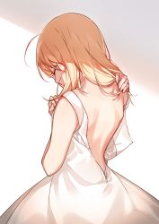 Rule 34 | 1girl, ahoge, artoria pendragon (all), artoria pendragon (fate), bare arms, bare shoulders, blonde hair, commentary, dress, closed eyes, fate/grand order, fate (series), from behind, hand on own shoulder, highres, kamiowl, long hair, saber (fate), simple background, sleeveless, sleeveless dress, solo, white background, white dress, zipper