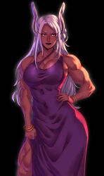 Rule 34 | 1girl, absurdres, az ciam, black background, black lips, boku no hero academia, bracelet, breasts, dress, highres, jewelry, large breasts, lips, long eyelashes, long hair, mirko, muscular, muscular arms, muscular female, musculer legs, nose, purple dress, rabbit ears, rabbit girl, red eyes, side slit, simple background, solo, white hair