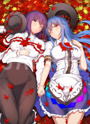 Rule 34 | ;), autumn, autumn leaves, black hat, black skirt, blue hair, blue skirt, blush, bow, bowtie, breasts, capelet, center frills, closed mouth, commentary request, frilled shirt collar, frilled skirt, frills, hand on own chest, hand on own stomach, hat, head tilt, highres, hinanawi tenshi, holding hands, large breasts, long hair, long skirt, long sleeves, looking at viewer, lying, nagae iku, necktie, neropaso, on back, one eye closed, purple eyes, rainbow order, red bow, red eyes, red neckwear, sample watermark, short sleeves, sidelocks, skirt, smile, touhou, unworn hat, unworn headwear, very long hair, watermark