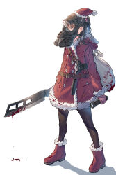 Rule 34 | 1girl, b&amp;t vp9, black hair, blood, blood on clothes, bloody knife, boots, brown eyes, coat, daito, fur-trimmed boots, fur-trimmed jacket, fur trim, gas mask, hat, highres, holding, holding knife, holding torch, jacket, knife, mask, original, red coat, red footwear, sack, santa costume, santa hat, shadow, solo, suppressor, torch, white background