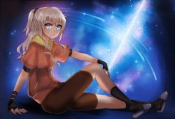 Rule 34 | 10s, 1girl, bike shorts, blue eyes, charlotte (anime), jacket, kevn, long hair, sandals, silver hair, sitting, slippers, solo, tomori nao, twintails, two side up