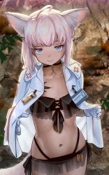 Rule 34 | 1girl, absurdres, ahoge, animal ear fluff, animal ears, arknights, bikini, black bikini, blue eyes, breasts, character name, closed eyes, collarbone, cowboy shot, flat chest, fox ears, fox girl, fox tail, from above, gloves, highres, id card, jacket, jacket on shoulders, looking at viewer, looking up, material growth, navel, official alternate costume, open clothes, open jacket, oripathy lesion (arknights), outdoors, pink hair, see-through, short hair, signature, small breasts, solo, stomach, sussurro (arknights), swimsuit, tail, thigh gap, welt (kinsei koutenkyoku), white gloves, white jacket