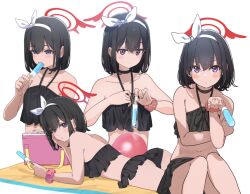 Rule 34 | 1girl, arm support, armpit crease, bare shoulders, beach towel, bikini, black bikini, black choker, black hair, blue archive, blush, bow, choker, closed mouth, collarbone, cooler, expressionless, food, food in mouth, frilled bikini, frills, hair bow, hairband, halo, highres, icehotmilktea, lying, mashiro (blue archive), mashiro (swimsuit) (blue archive), multiple views, navel, no wings, on stomach, popsicle, popsicle in mouth, purple eyes, scrunchie, short hair, simple background, stomach, swimsuit, towel, white background, white bow, white hairband, winged halo, wrist scrunchie
