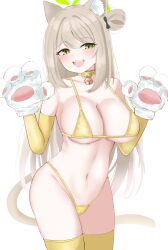Rule 34 | 1girl, :d, absurdres, animal ear fluff, animal ears, animal hands, bell, bikini, blue archive, breasts, brown hair, commentary request, gloves, green eyes, green halo, halo, highres, jingle bell, kemonomimi mode, kyureizi, large breasts, long hair, looking at viewer, navel, neck bell, nonomi (blue archive), open mouth, paw gloves, simple background, smile, solo, swimsuit, tail, teeth, upper teeth only, white background, white gloves, yellow bikini, yellow collar