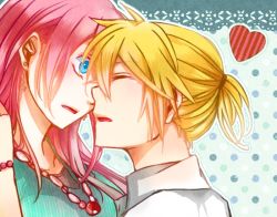 Rule 34 | 1boy, 1girl, alternate costume, bad id, bad pixiv id, blonde hair, blue eyes, bracelet, closed eyes, couple, earrings, heart, hetero, imminent kiss, jewelry, kagamine len, long hair, looking at another, megurine luka, neck, necklace, open mouth, pink hair, profile, short hair, short ponytail, surprised, vocaloid, yukito (yktmtm)