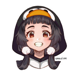Rule 34 | 1girl, animal costume, black hair, blush, brown eyes, commentary, english commentary, hood, hood up, looking at viewer, low twintails, original, penguin costume, pom pom (clothes), portrait, simple background, smile, solo, temachii, twintails, white background
