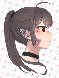 Rule 34 | 1girl, ahoge, bandaid, bandaid on cheek, bandaid on face, black collar, brown hair, closed mouth, collar, commentary, cropped torso, ear piercing, earphones, earrings, english commentary, fake elf ears, from side, heart, heart background, jewelry, long hair, mole, mole under eye, original, piercing, ponytail, portrait, profile, red eyes, sidelocks, skull and crossbones, solo, vickie (cryingrobot), vickie (cryingrobot) (character), white background, wireless earphones, yowu elf earphones