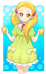 Rule 34 | 00s, 1girl, blonde hair, dress, food, fruit, hair ornament, kasugano urara (yes! precure 5), lemon, long hair, looking at viewer, moudoku (decopon3rd), open mouth, precure, ribbon, simple background, solo, standing, twintails, yellow eyes, yes! precure 5