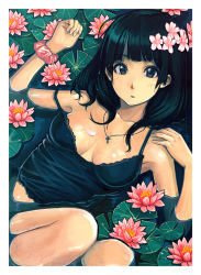 Rule 34 | 1girl, bad id, bad pixiv id, bare shoulders, black eyes, black hair, blush, breasts, camisole, dackq, flower, hair flower, hair ornament, jewelry, lily (flower), lily pad, long hair, looking at viewer, medium breasts, necklace, off shoulder, partially submerged, scrunchie, solo, water, wet, wet clothes