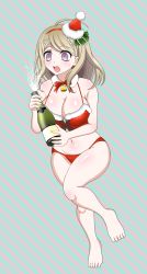 Rule 34 | 1girl, akamatsu kaede, alcohol, bare arms, bare legs, bare stomach, barefoot, bell, blonde hair, blush, bottle, bow, bowtie, bra, breasts, champagne, champagne bottle, christmas, cleavage, collar, danganronpa (series), danganronpa v3: killing harmony, drink, ears, eyelashes, female focus, fingernails, fluff, fluffy collar, fortissimo, fuzzy hat, green background, hair ornament, hairband, hat, headband, highres, holding, holding bottle, holding drink, leaf, leaf hair ornament, leaf on head, musical note, musical note hair ornament, navel, neck bell, neck ribbon, open mouth, panties, pink background, purple eyes, red bow, red bra, red hairband, red headband, red headwear, red panties, red ribbon, ribbon, santa costume, santa hat, shiny skin, simple background, solo, standing, standing on one leg, striped, striped background, sweat, sweatdrop, thighs, tongue, underwear