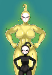 Rule 34 | 2girls, black sclera, black skin, black sperm, breasts, colored sclera, colored skin, genderswap, genderswap (mtf), hands on own hips, highres, large breasts, multiple girls, nail polish, navel, no pupils, one-punch man, personification, size difference, spoilers, the golden smurf, white eyes, yellow skin