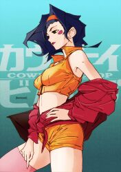 Rule 34 | 1girl, artist name, blush stickers, breasts, copyright name, cowboy bebop, crop top, faye valentine, from side, green eyes, hairband, hand on own hip, highres, jacket, kevnyan, medium breasts, off shoulder, open clothes, open jacket, orange hairband, pink thighhighs, purple hair, red jacket, red lips, shirt, short hair, shorts, solo, text background, thighhighs, yellow shirt, yellow shorts
