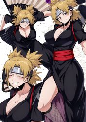 Rule 34 | 1girl, artist request, black kimono, blonde hair, breasts, cleavage, closed eyes, fishnets, forehead protector, grin, headband, highres, japanese clothes, kimono, large breasts, naruto (series), naruto shippuuden, naruto shippuuden, quad tails, smile, solo, source request, sunagakure symbol, tagme, teeth, temari (naruto)