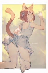 Rule 34 | 1girl, animal ears, artist name, blush, cat ears, cat girl, cat tail, chestnut mouth, clothes lift, dress, final fantasy, final fantasy xiv, frilled skirt, frills, full body, hair ribbon, highres, junwool, kneeling, lifted by self, looking at viewer, looking back, miqo&#039;te, no shoes, open mouth, pantyhose, pink hair, ribbon, see-through, shadow, short hair, sketch, skirt, skirt lift, solo, tail, tail raised, white dress, white pantyhose, yellow eyes