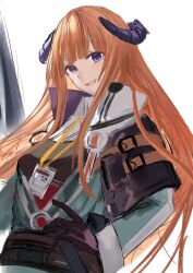 Rule 34 | 1girl, :d, arknights, bagpipe (arknights), black gloves, black shirt, breasts, commentary request, gloves, green jacket, hand on own hip, highres, horns, jacket, lantern, long hair, long sleeves, looking at viewer, medium breasts, open mouth, orange hair, purple eyes, shirt, shouga chahan, simple background, smile, solo, very long hair, white background