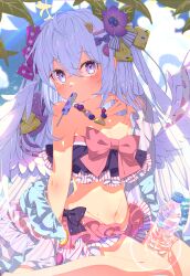 Rule 34 | 1girl, absurdres, ahoge, angel wings, azusa (blue archive), azusa (swimsuit) (blue archive), bead necklace, beads, bikini, blue archive, bow, commentary request, flower, food, food in mouth, frilled bikini, frills, grey hair, hair bow, hair flower, hair ornament, highres, jewelry, kotori inaka, long hair, navel, necklace, pink bow, plastic bottle, popsicle, popsicle in mouth, purple eyes, signature, swimsuit, wings