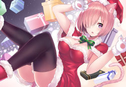 Rule 34 | 1girl, :o, absurdres, alternate costume, animal ears, animal hands, black thighhighs, boots, box, breasts, capelet, cat ears, cat paws, cat tail, christmas, cleavage, commentary request, dress, fate/grand order, fate (series), gift, gift box, gloves, green ribbon, hair over one eye, hat, highres, kemonomimi mode, looking at viewer, mash kyrielight, medium breasts, nagiha kuten, paw gloves, pink hair, purple eyes, red dress, red footwear, red hat, ribbon, santa hat, solo, tail, thighhighs, white gloves