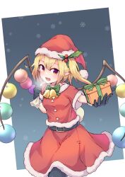 Rule 34 | :d, alternate wings, belt, blonde hair, christmas, commentary, flandre scarlet, gift, hair ornament, hat, highres, holding, holding gift, holding sack, holly hair ornament, kalmia495, looking at viewer, one side up, open mouth, pointy ears, rainbow order, red eyes, red hat, red shirt, red skirt, sack, santa costume, santa hat, shirt, skirt, smile, snowflakes, touhou, wings