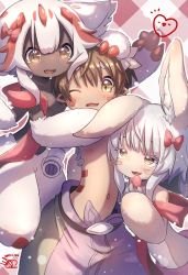 Rule 34 | 1boy, 1girl, 1other, animal ears, bandam, colored skin, dark-skinned female, dark skin, extra arms, faputa, furry, highres, made in abyss, mechanical arms, monster girl, nanachi (made in abyss), open mouth, regu (made in abyss), short hair, valentine, white fur, white hair, yellow eyes