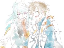 Rule 34 | 10s, 2boys, bad id, bad pixiv id, book, brown hair, cloak, hinotta, male focus, mikleo (tales), multiple boys, official alternate costume, open mouth, purple eyes, short hair, sorey (tales), tales of (series), tales of zestiria, white hair