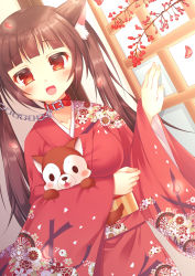 Rule 34 | 1girl, :d, animal, animal collar, animal ears, animal hug, blunt bangs, blush, brown eyes, brown hair, chain, chinese zodiac, collar, collarbone, commentary request, dog, dog ears, dutch angle, fingernails, floral print, fujikura ryuune, happy new year, japanese clothes, kimono, long hair, long sleeves, looking at viewer, new year, obi, open mouth, original, petals, print kimono, red collar, red kimono, sash, sidelocks, smile, solo, twintails, very long hair, wide sleeves, year of the dog