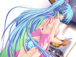 Rule 34 | 1girl, apron, aqua eyes, aqua hair, ass, back, blush, breasts, dutch angle, hatsune miku, highres, kitchen, kitchen hood, long hair, looking back, naked apron, no bra, open mouth, oven mitts, panties, rankiryuu, sideboob, small breasts, solo, stove, striped clothes, striped panties, twintails, underwear, very long hair, vocaloid