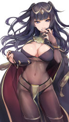 Rule 34 | 1girl, absurdres, bangle, belt, black bodysuit, black cape, blue eyes, blunt bangs, bodystocking, bodysuit, book, bracelet, breasts, bridal gauntlets, cape, circlet, cleavage cutout, clothing cutout, contrapposto, covered navel, feet out of frame, fire emblem, fire emblem awakening, hand on own face, highres, holding, holding book, jewelry, kokouno oyazi, large breasts, loincloth, long hair, nail polish, nintendo, parted lips, purple nails, simple background, smile, solo, standing, tharja (fire emblem), thighlet, two side up, very long hair, white background