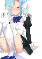 Rule 34 | 1girl, apron, arm support, black dress, blue bow, blue bowtie, blue hair, blush, bow, bowtie, closed eyes, closed mouth, commentary request, dress, elliot leucosia, enjo kouhai, fish girl, frilled apron, frilled dress, frills, hair ornament, highres, juliet sleeves, long sleeves, maid, maid headdress, monster girl, panties, puffy sleeves, see-through, short hair, simple background, sitting, solo, spoken squiggle, squiggle, sweat, takunomi, thighhighs, underwear, wet, wet clothes, white apron, white background, white thighhighs