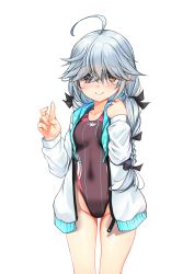 Rule 34 | 1girl, absurdres, ahoge, black one-piece swimsuit, black ribbon, braid, breasts, brown eyes, brown one-piece swimsuit, character name, commentary request, covered navel, cowboy shot, dress, grey hair, hair over eyes, hair ribbon, hamanami (kancolle), highleg, highleg swimsuit, highres, hood, hooded jacket, hoodie, jacket, kantai collection, long hair, looking at viewer, multiple views, one-piece swimsuit, ribbon, shirt, simple background, single braid, small breasts, standing, swimsuit, white background, white jacket, yashin (yasinz), zoom layer
