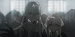 Rule 34 | 2girls, 6+boys, black gloves, blurry, blurry background, brown eyes, chihuri, closed mouth, commentary request, depth of field, gloves, grey eyes, grey hair, hair between eyes, hair ribbon, headset, highres, indoors, jacket, long hair, looking at viewer, multiple boys, multiple girls, original, parted lips, pink hair, red pupils, ribbon, smile, upper body, white jacket, white ribbon, window, yana (chihuri), zoya petrovna vecheslova