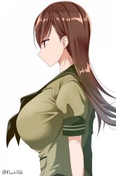Rule 34 | 10s, 1girl, breasts, brown eyes, brown hair, from side, highres, huge breasts, kantai collection, kloah, long hair, looking at viewer, looking to the side, matching hair/eyes, ooi (kancolle), simple background, solo, twitter username, white background