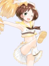 Rule 34 | 1girl, alternate costume, arms up, beret, black neckerchief, blue background, blue eyes, bow, bow skirt, brown hair, cheerleader, clothes writing, coco&#039;s, commentary, cowboy shot, frilled skirt, frills, girls und panzer, hat, holding, holding pom poms, kicking, kokekokko coma, lace, lace-trimmed panties, lace trim, looking at viewer, midriff, miniskirt, neckerchief, no socks, panties, pantyshot, pleated skirt, pom pom (cheerleading), pom poms, sakaguchi karina, shirt, shoes, short hair, simple background, skirt, sleeveless, sleeveless shirt, sneakers, solo, standing, underwear, white footwear, white hat, white panties, white skirt, yellow bow, yellow shirt