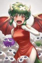 Rule 34 | 1girl, bare shoulders, breasts, china dress, chinese clothes, crying, crying with eyes open, draco centauros, dragon wings, dress, elbow gloves, fang, gloves, green hair, highres, holding, medium breasts, open mouth, pelvic curtain, pointy ears, puyopuyo, red dress, red eyes, red wings, side slit, sidelocks, sleeveless, sleeveless dress, solo, tears, white gloves, wings, yuko666