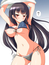 Rule 34 | 10s, 1girl, ?, armpits, arms up, bikini, black hair, blush, breasts, covered erect nipples, deego (omochi bazooka), female focus, isokaze (kancolle), kantai collection, large breasts, long hair, looking at viewer, navel, nipples, puffy nipples, red eyes, side-tie bikini bottom, solo, speech bubble, swimsuit