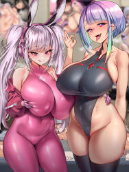 Rule 34 | 2girls, absurdres, alice (nikke), alternate breast size, anima (togashi), animal ears, asymmetrical hair, bare shoulders, blunt bangs, blurry, blurry background, bodysuit, breasts, cameltoe, cleft of venus, collarbone, covered navel, cowboy shot, crossover, curvy, cyberpunk (series), cyberpunk edgerunners, eyeliner, fake animal ears, fangs, fellatio gesture, gloves, goddess of victory: nikke, gradient hair, hand on another&#039;s hip, headphones, headset, highleg, highleg leotard, highres, huge breasts, jacket, latex, latex bodysuit, leotard, long hair, long sleeves, looking at viewer, lucy (cyberpunk), makeup, multicolored hair, multiple girls, navel, non-web source, off shoulder, open mouth, pink bodysuit, pink eyes, pink gloves, pink hair, pink jacket, plump, puffy long sleeves, puffy sleeves, purple eyes, rabbit ears, saliva, short hair, sidelocks, skin tight, thighhighs, thighs, tongue, tongue out, tsurime, twintails, very long hair