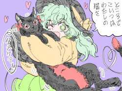 Rule 34 | 1girl, animal, black headwear, blush, bow, bright pupils, cat, cheken, green eyes, green skirt, hat, hat ribbon, heart, heart of string, holding, holding animal, holding cat, kaenbyou rin, kaenbyou rin (cat), komeiji koishi, light green hair, long sleeves, medium hair, one eye closed, open mouth, partially translated, purple background, red bow, red eyes, ribbon, shirt, skirt, speech bubble, thought bubble, touhou, translation request, wavy hair, white pupils, yellow bow, yellow ribbon, yellow shirt