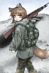 Rule 34 | 1girl, absurdres, animal ears, brown eyes, brown hair, fox ears, fox girl, fox girl (yihan1949), fox tail, gun, highres, holding, holding weapon, looking back, military uniform, original, over shoulder, ponytail, rifle, smile, snow, solo, tail, uniform, walking, weapon, weapon over shoulder, yihan1949