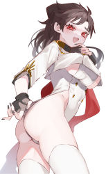 Rule 34 | 1girl, adjusting clothes, ass, black hair, black nails, buttons, covered navel, cowboy shot, cropped jacket, double-breasted, fang, finger to own chin, fingerless gloves, from behind, gloves, half updo, highres, hinamori (18ar0), jacket, leotard, leotard under clothes, long hair, looking at viewer, nail polish, open mouth, original, red eyes, simple background, skin fang, smile, solo, thighhighs, white background, white jacket, white leotard, white thighhighs