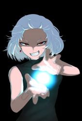 Rule 34 | 1girl, alternate design, artist self-insert, black background, black shirt, blouse, clenched teeth, commentary request, earrings, energy ball, fang, floating hair, glowing, grin, highres, indie virtual youtuber, jewelry, looking at viewer, open mouth, pucho (puchopucho05), puchopucho05, red eyes, shirt, short eyebrows, short hair, simple background, sleeveless, sleeveless shirt, smile, solo, teeth, v-shaped eyebrows, virtual youtuber, white hair
